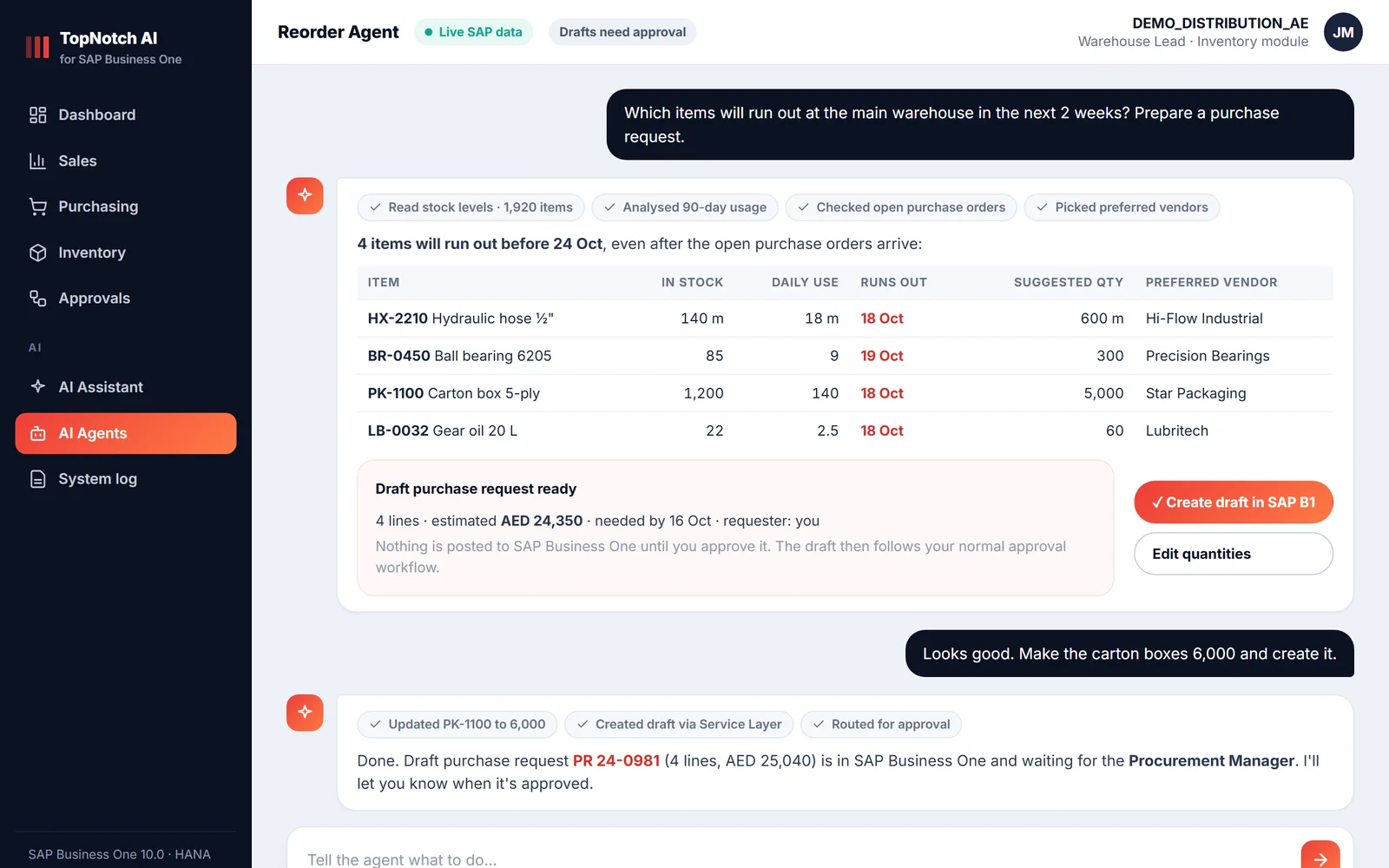 AI agent finding items that will run out of stock within two weeks and preparing a draft purchase request in SAP Business One for approval