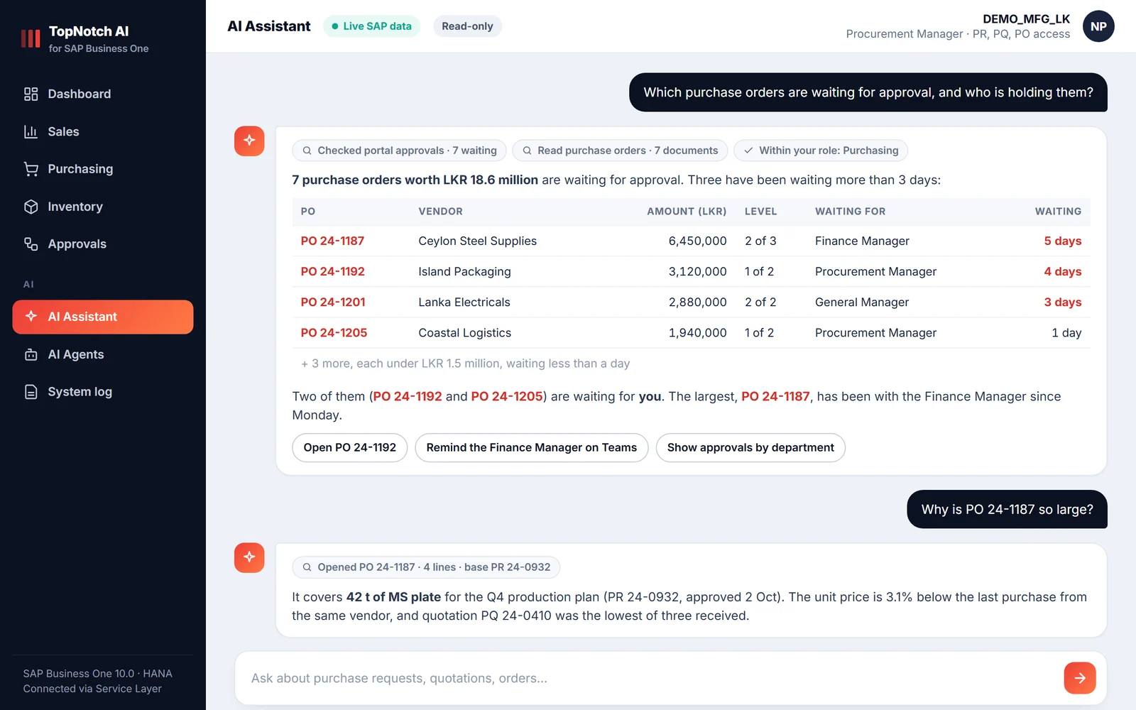 AI chat listing SAP Business One purchase orders waiting for approval, with vendor, amount, approval level and approver