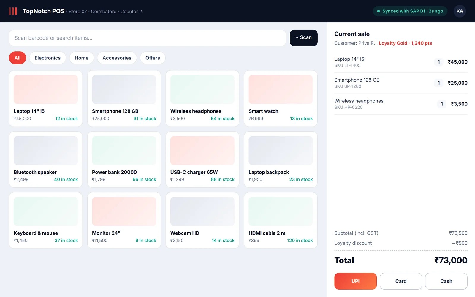 Web-based point of sale built by TopNotch, synced live with SAP Business One