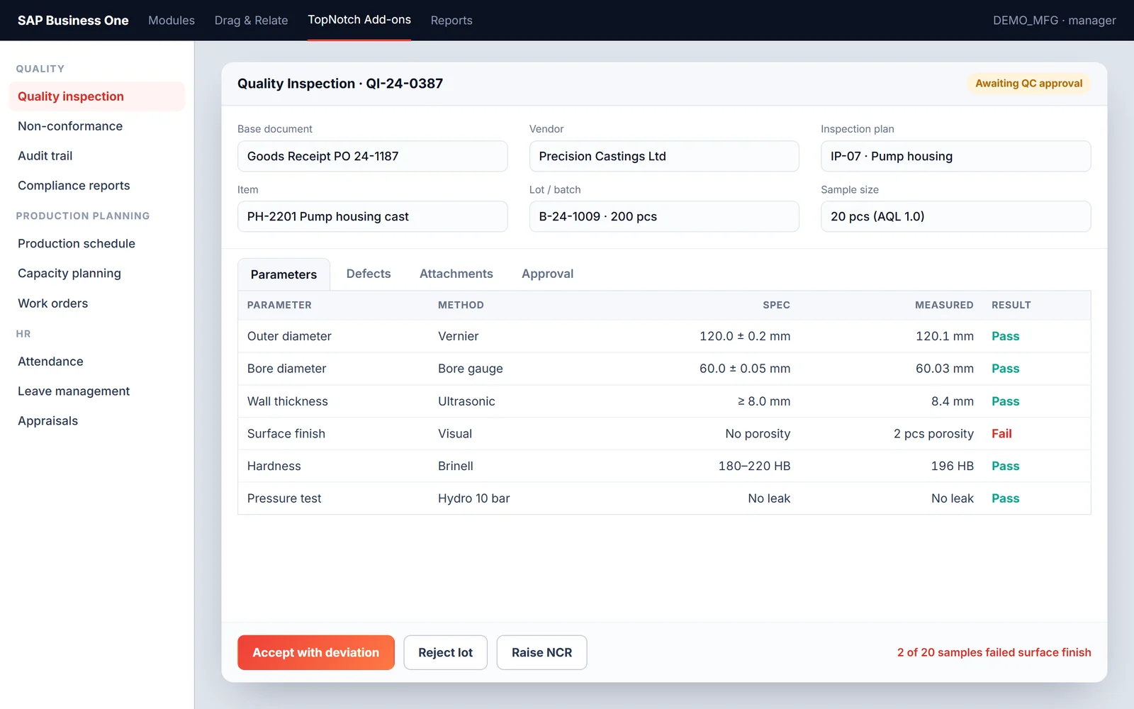 Quality inspection add-on inside SAP Business One showing inspection parameters with pass and fail results