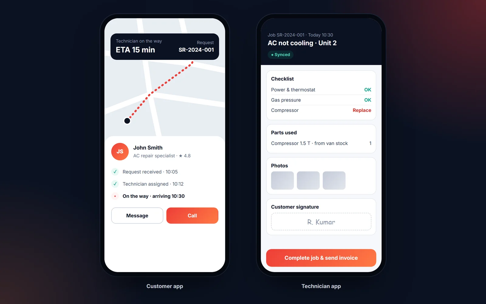 Customer app tracking a technician on a map, next to the technician app with job checklist and customer signature